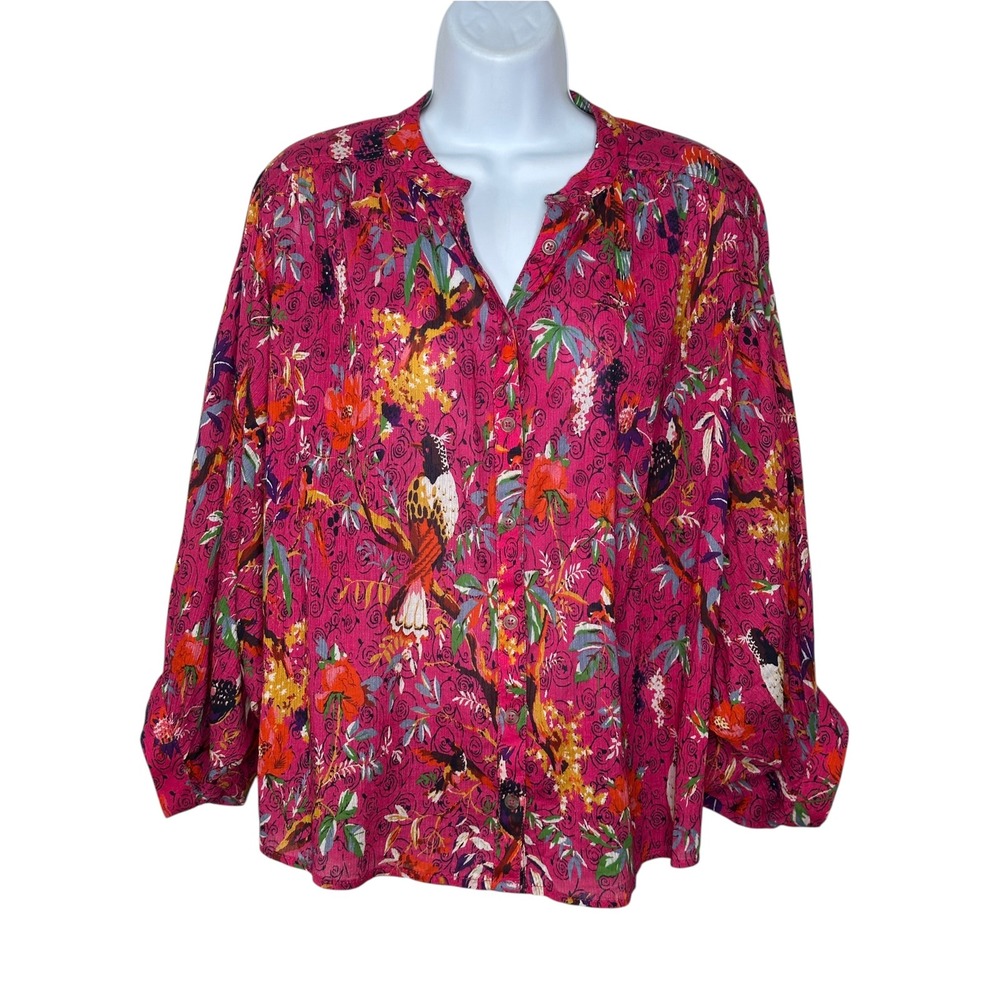 Pilcro Blouse XS Magenta Floral Bird Balloon Boho Button Top Bat Wing Shirt